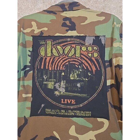 OOAK Upcycle Military Camo Jacket The Doors Rock Music Graphic Tee Boyfriend ML - Picture 2 of 10